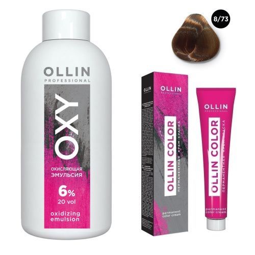 Купить Ollin Professional Color - Набор (Перманентная крем-краска для волос 8/73 светло-русый коричнево-золотистый 100 мл, Окисляющая эмульсия Oxy 6% 150 мл), Ollin Professional (Россия)