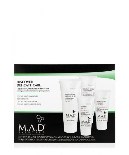 Купить M.A.D. Delicate - Дорожный набор препаратов для чувствительной кожи (Очищающий гель 60 мл, Увлажняющий крем 28, 4 мл, Гель для устранения покраснения кожи 14, 7 мл, Успокаивающая гелевая маска 14, 7 мл), M.A.D. (США)