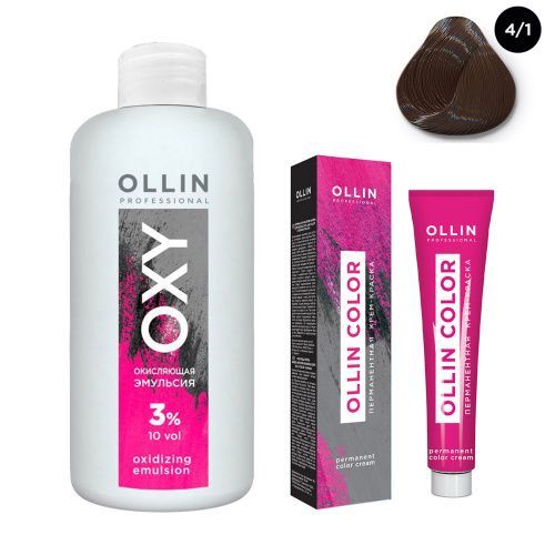Купить Ollin Professional Color - Набор (Перманентная крем-краска для волос 4/1 шатен пепельный 100 мл, Окисляющая эмульсия Oxy 3% 150 мл), Ollin Professional (Россия)