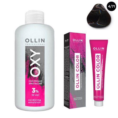 Купить Ollin Professional Color - Набор (Перманентная крем-краска для волос 4/71 шатен коричнево-пепельный 100 мл, Окисляющая эмульсия Oxy 3% 150 мл), Ollin Professional (Россия)
