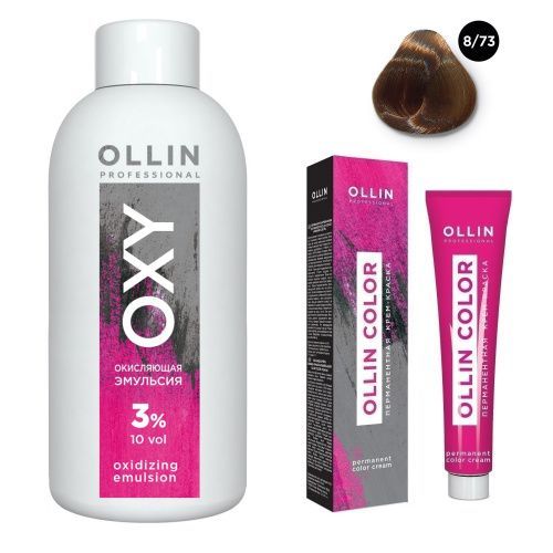 Купить Ollin Professional Color - Набор (Перманентная крем-краска для волос 8/73 светло-русый коричнево-золотистый 100 мл, Окисляющая эмульсия Oxy 3% 150 мл), Ollin Professional (Россия)