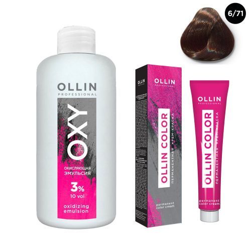Купить Ollin Professional Color - Набор (Перманентная крем-краска для волос 6/71 темно-русый коричнево-пепельный 100 мл. Окисляющая эмульсия Oxy 3% 150 мл), Ollin Professional (Россия)