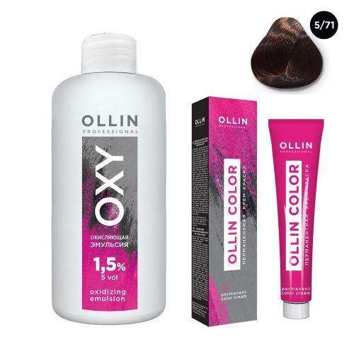 Купить Ollin Professional Color - Набор (Перманентная крем-краска для волос 5/71 светлый шатен коричнево-пепельный 100 мл, Окисляющая эмульсия Oxy 1, 5% 150 мл), Ollin Professional (Россия)