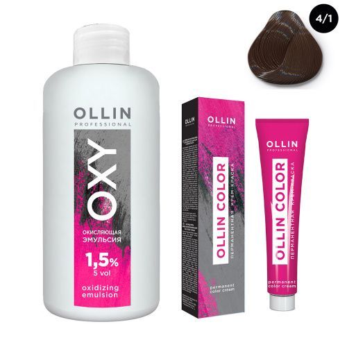 Купить Ollin Professional Color - Набор (Перманентная крем-краска для волос 4/1 шатен пепельный 100 мл, Окисляющая эмульсия Oxy 1, 5% 150 мл), Ollin Professional (Россия)