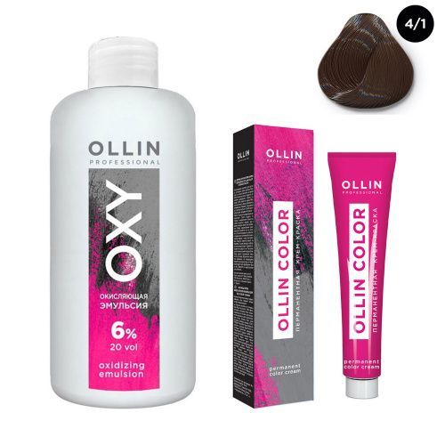 Купить Ollin Professional Color - Набор (Перманентная крем-краска для волос 4/1 шатен пепельный 100 мл, Окисляющая эмульсия Oxy 6% 150 мл), Ollin Professional (Россия)