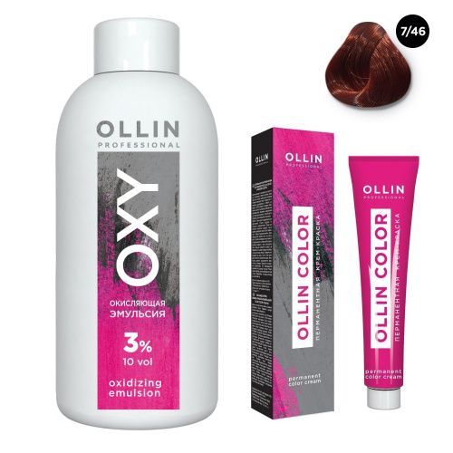 Купить Ollin Professional Color - Набор (Перманентная крем-краска для волос 7/46 русый медно-красный 100 мл, Окисляющая эмульсия Oxy 3% 150 мл), Ollin Professional (Россия)