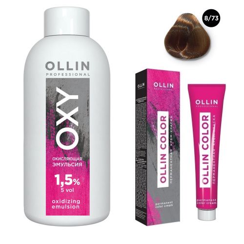 Купить Ollin Professional Color - Набор (Перманентная крем-краска для волос 8/73 светло-русый коричнево-золотистый 100 мл, Окисляющая эмульсия Oxy 1, 5% 150 мл), Ollin Professional (Россия)