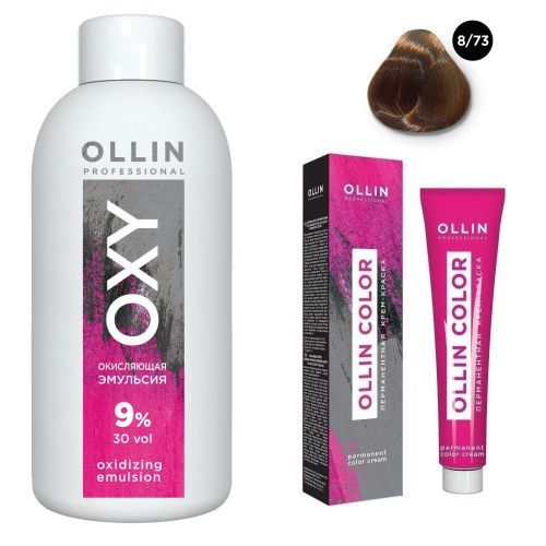Купить Ollin Professional Color - Набор (Перманентная крем-краска для волос 8/73 светло-русый коричнево-золотистый 100 мл, Окисляющая эмульсия Oxy 9% 150 мл), Ollin Professional (Россия)