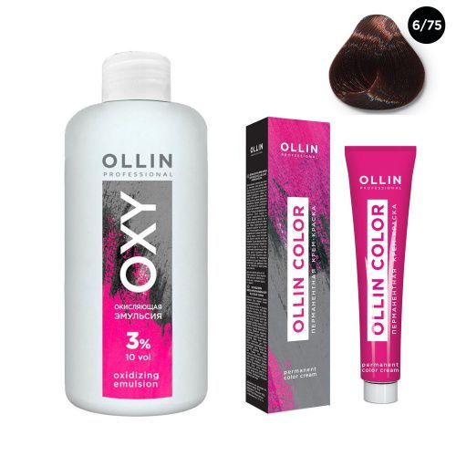 Купить Ollin Professional Color - Набор (Перманентная крем-краска для волос 6/75 темно-русый коричнево-махагоновый 100 мл, Окисляющая эмульсия Oxy 3% 150 мл), Ollin Professional (Россия)