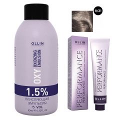 Ollin Professional Performance - Набор (Перманентная крем-краска для волос 8/21 светло-русый фиолетово-пепельный 100 мл, Окисляющая эмульсия Oxy 1,5% 150 мл) Ollin Professional (Россия) купить по цене 458 руб.