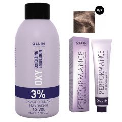 Ollin Professional Performance - Набор (Перманентная крем-краска для волос 8/7 светло-русый коричневый 100 мл, Окисляющая эмульсия Oxy 3% 150 мл) Ollin Professional (Россия) купить по цене 458 руб.