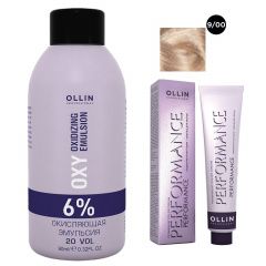 Ollin Professional Performance - Набор (Перманентная крем-краска для волос 9/00 блондин глубокий 100 мл, Окисляющая эмульсия Oxy 6% 150 мл) Ollin Professional (Россия) купить по цене 458 руб.