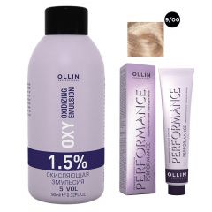 Ollin Professional Performance - Набор (Перманентная крем-краска для волос 9/00 блондин глубокий 100 мл, Окисляющая эмульсия Oxy 1,5% 150 мл) Ollin Professional (Россия) купить по цене 458 руб.