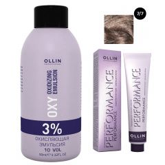 Ollin Professional Performance - Набор (Перманентная крем-краска для волос 7/7 русый коричневый 100 мл, Окисляющая эмульсия Oxy 3% 150 мл) Ollin Professional (Россия) купить по цене 458 руб.