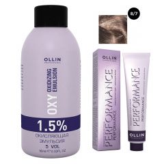 Ollin Professional Performance - Набор (Перманентная крем-краска для волос 8/7 светло-русый коричневый 100 мл, Окисляющая эмульсия Oxy 1,5% 150 мл) Ollin Professional (Россия) купить по цене 458 руб.