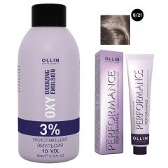 Ollin Professional Performance - Набор (Перманентная крем-краска для волос 8/21 светло-русый фиолетово-пепельный 100 мл, Окисляющая эмульсия Oxy 3% 150 мл) Ollin Professional (Россия) купить по цене 458 руб.