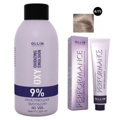 Ollin Professional Performance - Набор (Перманентная крем-краска для волос 8/72 светло-русый коричнево-фиолетовый 100 мл, Окисляющая эмульсия Oxy 9% 150 мл) Ollin Professional (Россия) купить по цене 458 руб.