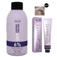 Ollin Professional Performance - Набор (Перманентная крем-краска для волос 8/72 светло-русый коричнево-фиолетовый 100 мл, Окисляющая эмульсия Oxy 6% 150 мл) Ollin Professional (Россия) купить по цене 458 руб.