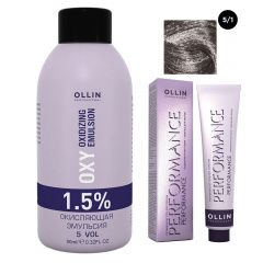 Ollin Professional Performance - Набор (Перманентная крем-краска для волос 5/1 светлый шатен пепельный 100 мл, Окисляющая эмульсия Oxy 1,5% 150 мл) Ollin Professional (Россия) купить по цене 458 руб.