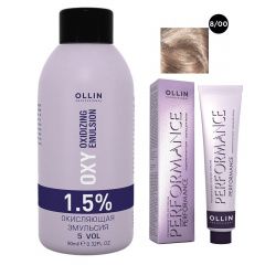 Ollin Professional Performance - Набор (Перманентная крем-краска для волос 8/00 светло-русый глубокий 100 мл, Окисляющая эмульсия Oxy 1,5% 150 мл) Ollin Professional (Россия) купить по цене 458 руб.