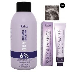Ollin Professional Performance - Набор (Перманентная крем-краска для волос 5/1 светлый шатен пепельный 100 мл, Окисляющая эмульсия Oxy 6% 150 мл) Ollin Professional (Россия) купить по цене 458 руб.