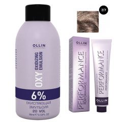 Ollin Professional Performance - Набор (Перманентная крем-краска для волос 7/7 русый коричневый 100 мл, Окисляющая эмульсия Oxy 6% 150 мл) Ollin Professional (Россия) купить по цене 458 руб.