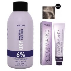 Ollin Professional Performance - Набор (Перманентная крем-краска для волос 8/21 светло-русый фиолетово-пепельный 100 мл, Окисляющая эмульсия Oxy 6% 150 мл) Ollin Professional (Россия) купить по цене 458 руб.
