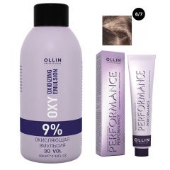Ollin Professional Performance - Набор (Перманентная крем-краска для волос 8/7 светло-русый коричневый 100 мл, Окисляющая эмульсия Oxy 9% 150 мл) Ollin Professional (Россия) купить по цене 458 руб.