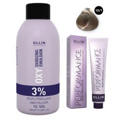 Ollin Professional Performance - Набор (Перманентная крем-краска для волос 10/1 светлый блондин пепельный 100 мл, Окисляющая эмульсия Oxy 3% 150 мл) Ollin Professional (Россия) купить по цене 458 руб.